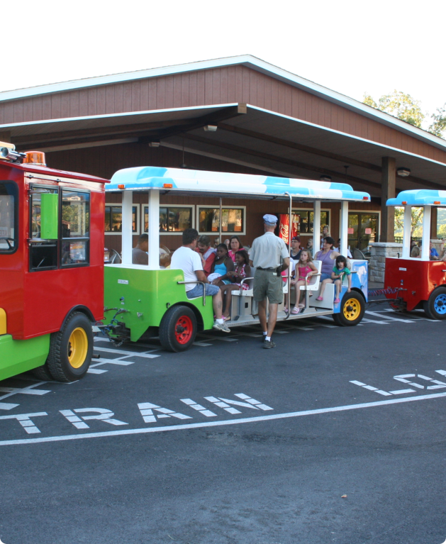 A vibrant, multicolored train traveling along a road