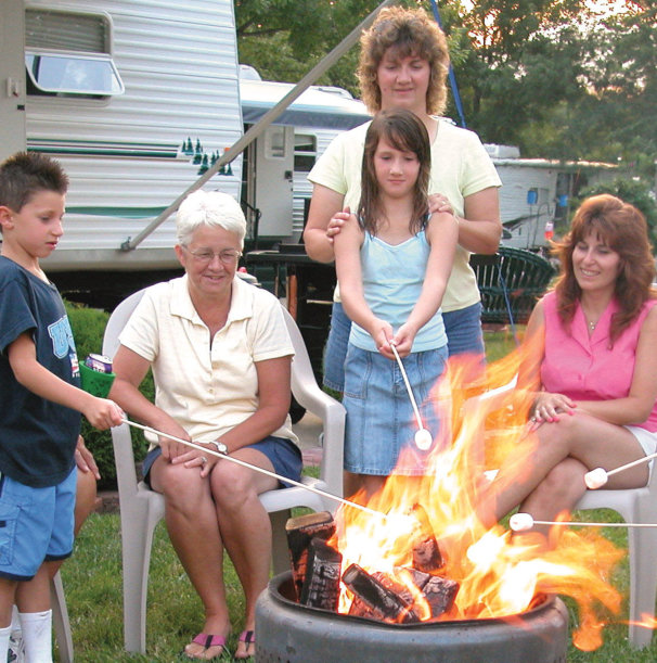 Family gathered around a campfire, roasting marshmallows with a camper in the background, enjoying an outdoor evening.